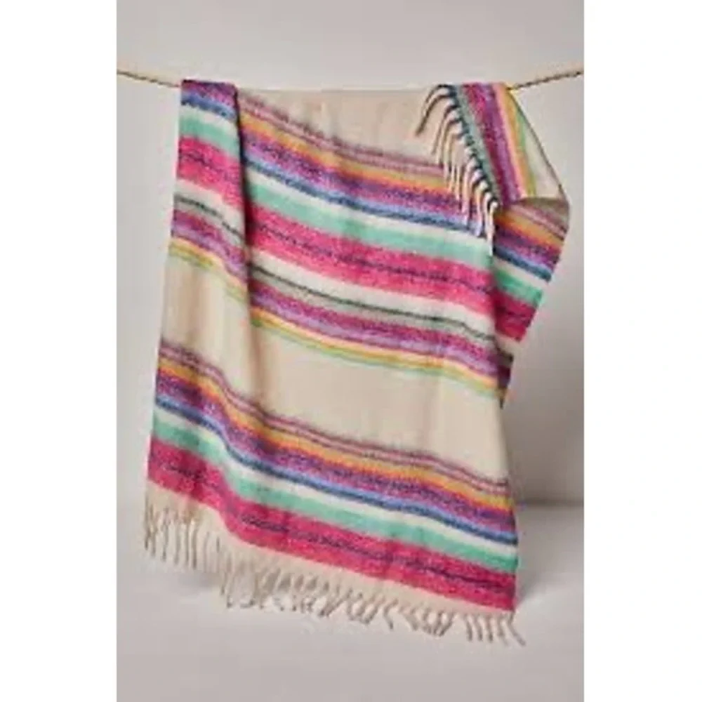 Free People Throw Blanket Striped Multi Color Fringe Trim